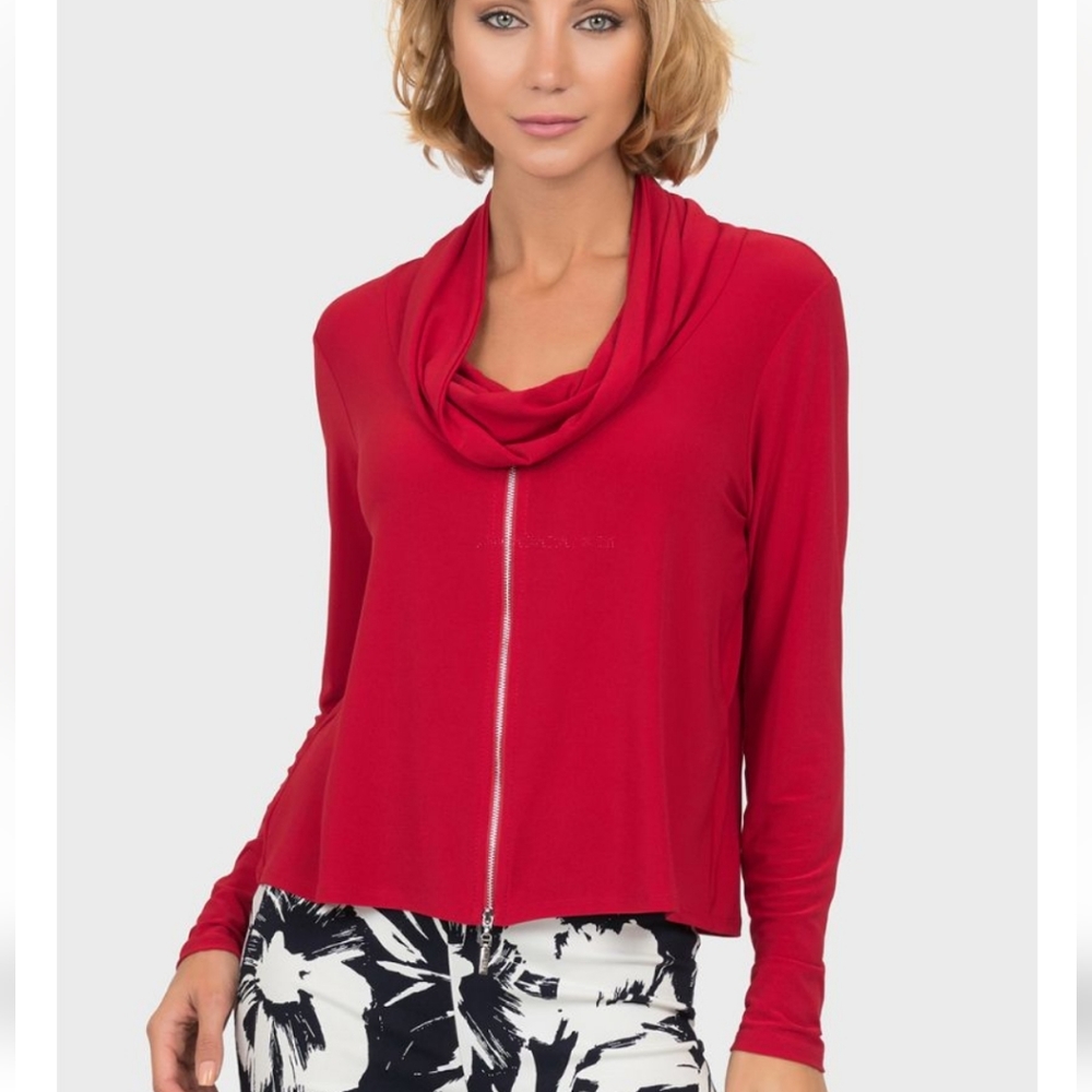Joseph Ribkoff Lipstick Red Zipper Stretch Cowl Neck Designer Top Shirt